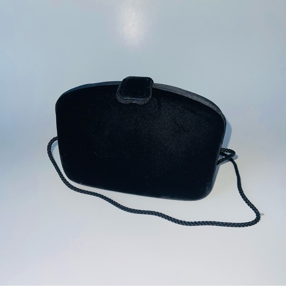 Vintage Velvet Purse Clutch Bag Rhinestone Bling Closure Crossbody Strap Black - Picture 4 of 7